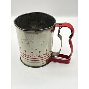 Vintage Androck Baking Handi-Sift Jr. Red White Floral Tulips Tin Country Decor
